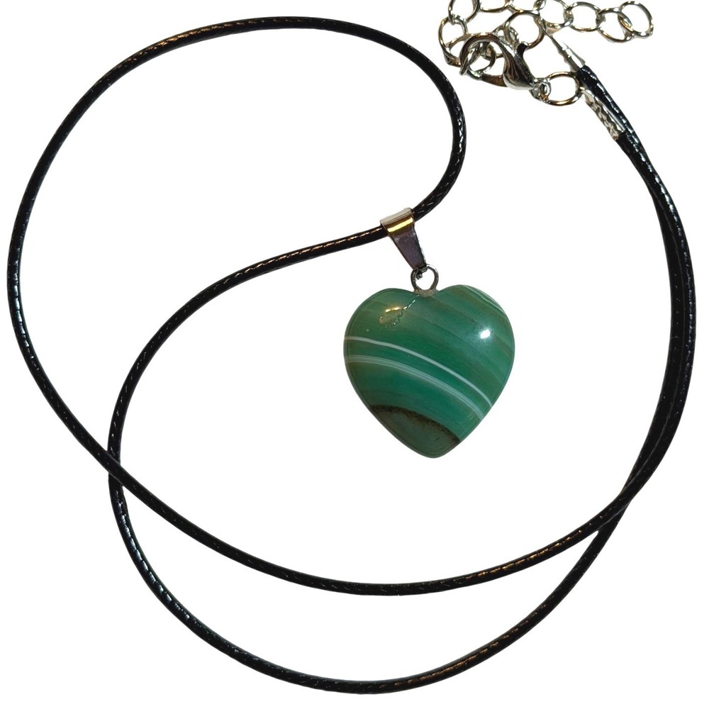 Green Banded Agate Heart Pendant Necklace Black Cord Adjustable Stone Jewelry